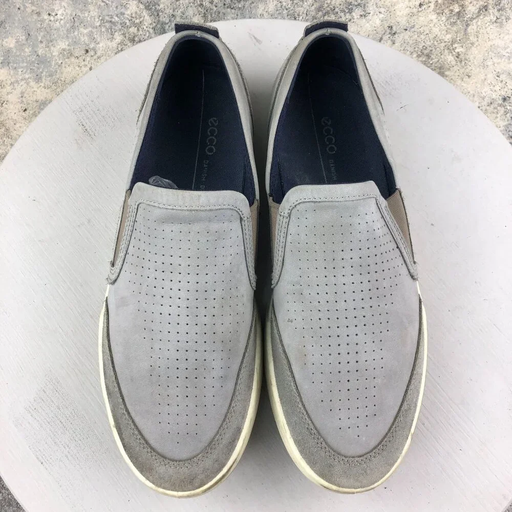 Ecco Men's Size 11-11.5 Cathum 2.0 Slip On Grey Leather Suede Loafers Shoes